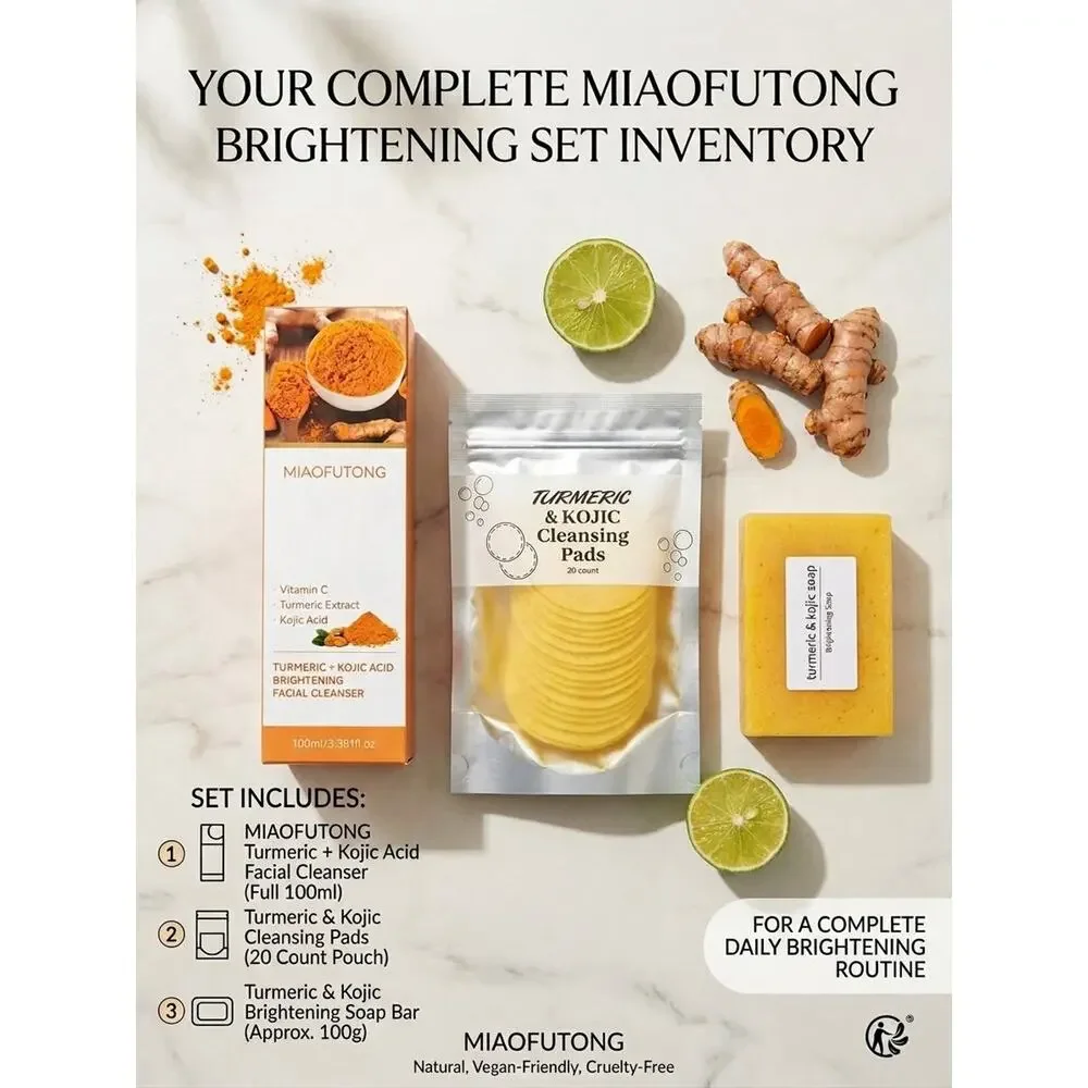 MIAOFUTONG Turmeric + Kojic Brightening Set Cleanser Pads Soap, Vit C